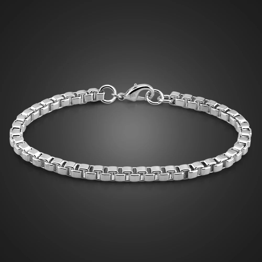 Men 925 Sterling Silver 7-9 inches Box Chain Bracelet & Bangle For Women 100% Solid Silver Fashion Boys Charm Jewelry Gift