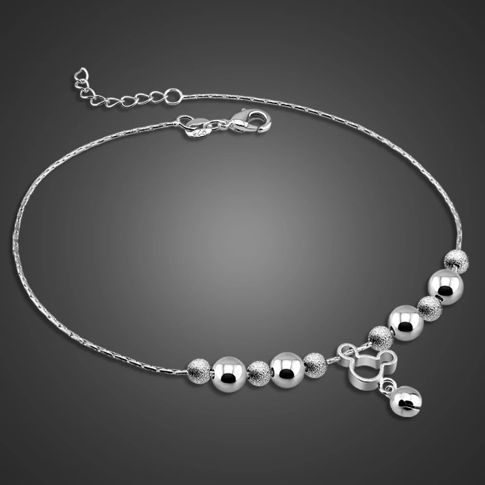 Cute mickey Jewelry 100% 925 Sterling Silver Anklet Women & Girls Foot Summer Beach Barefoot Sandals Bracelet Jewelry on the leg