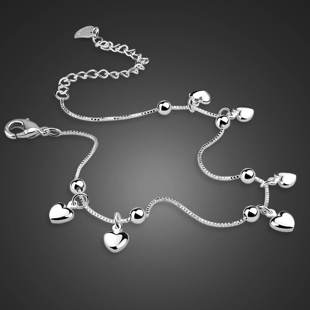 100% 925 Sterling Silver Heart Ankle  Pendant Beaded Foot Jewelry Summer Beach  On Foot Ankle Bracelets For Women Leg Chain